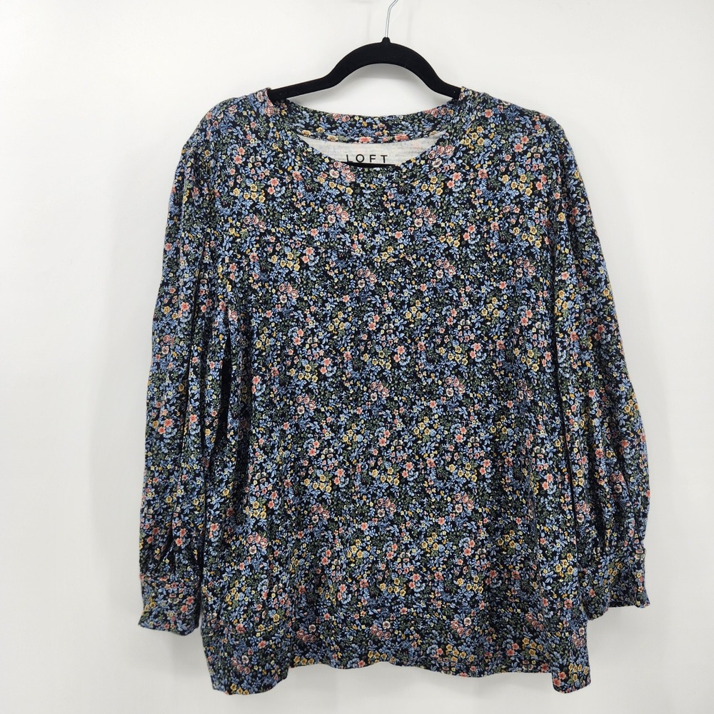 LOFT Floral Print Long Sleeve Top Blouse Women's XL Blue Peach Yellow Cute